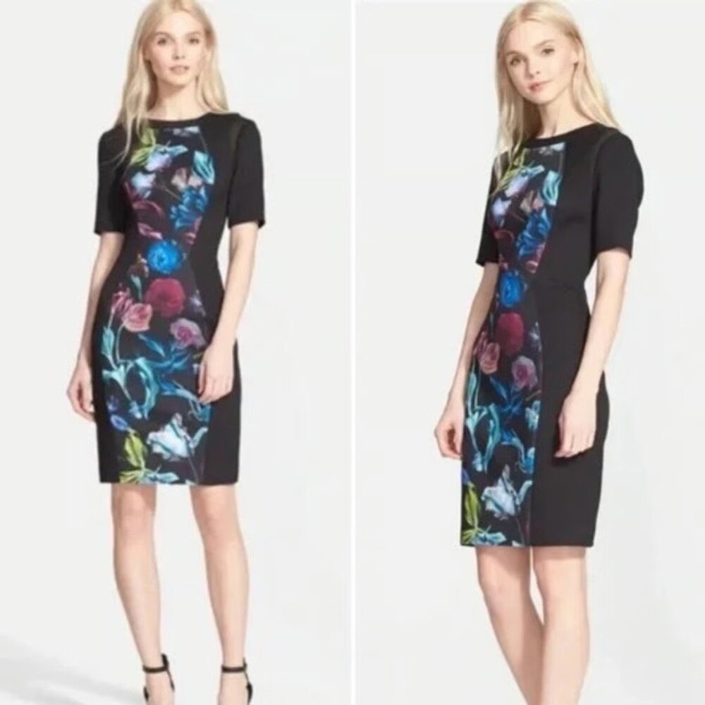Ted Baker Abade Black Tweed Floral Pencil Dress, Size Small (2)
